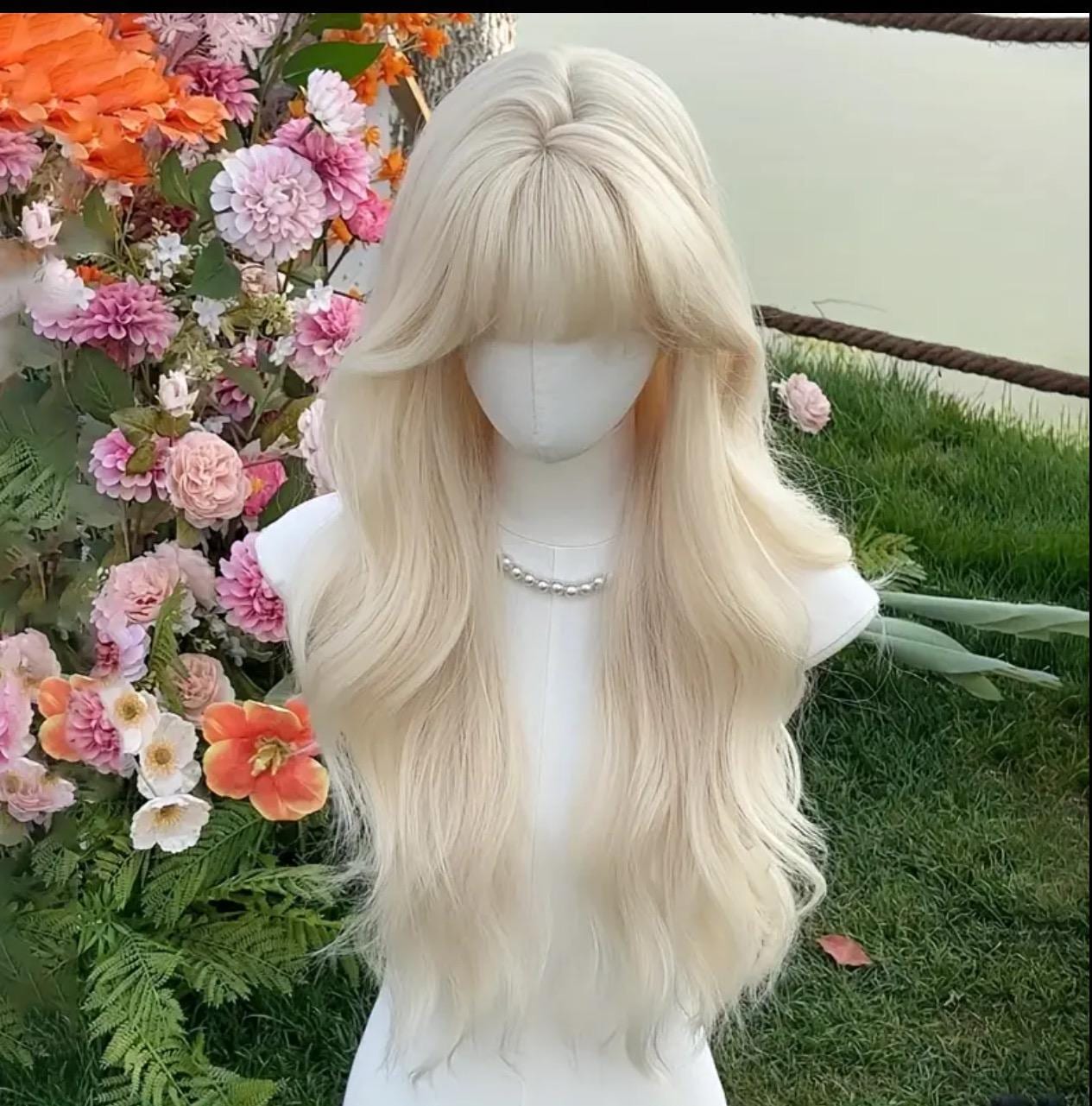 Long Wavy Platinum Blonde Wig with Bangs - Natural-Looking Heat-Resistant Hair for Cosplay/Dolly look - Image 4