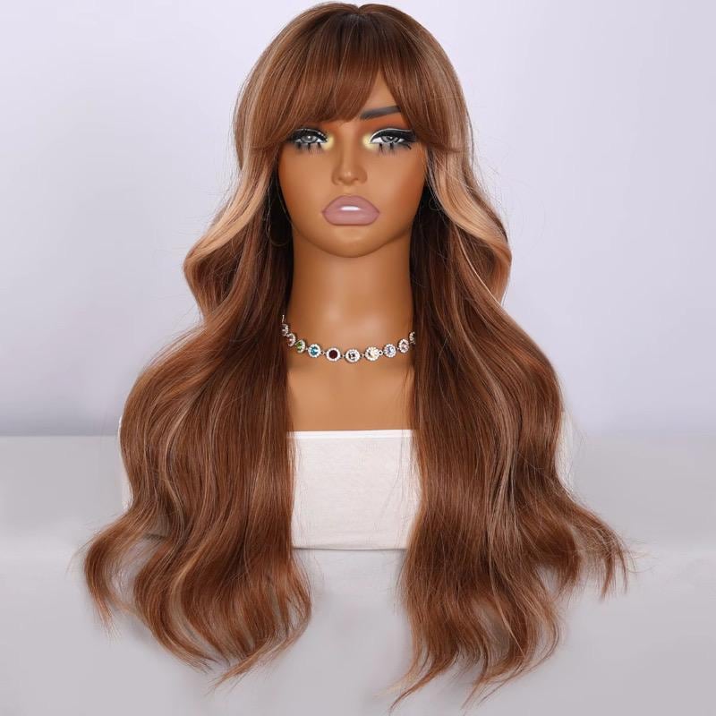 Long Wavy Auburn Wig with Curtain Bangs: Heat Resistant Synthetic Hair - Image 4