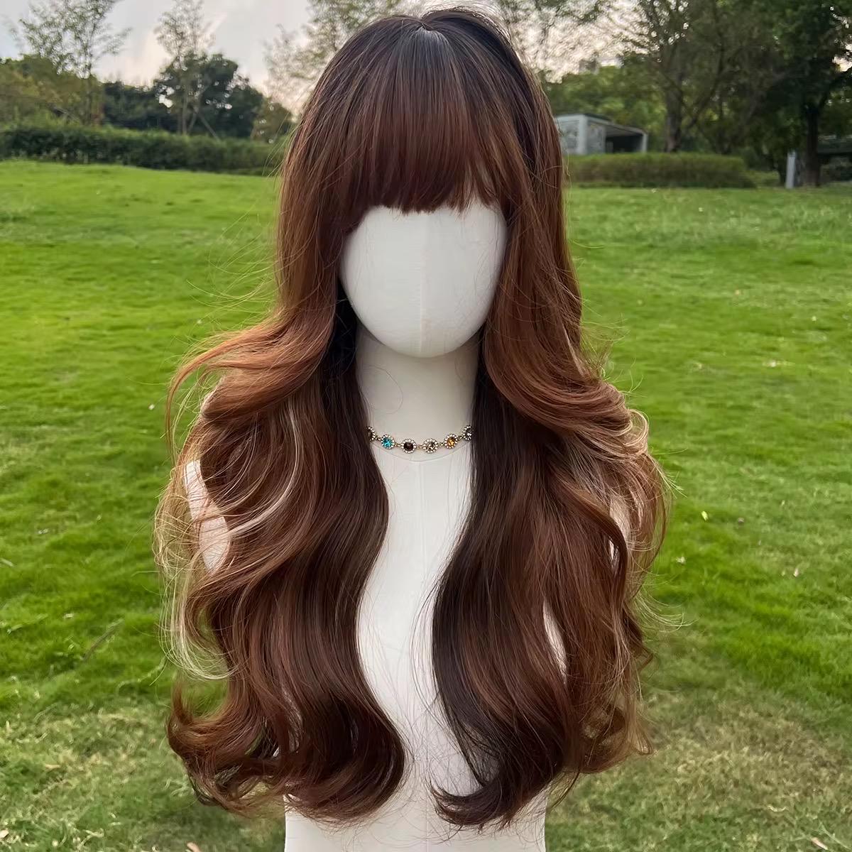 Long Wavy Auburn Wig with Bangs: Glueless Synthetic Hair, 26 Inch