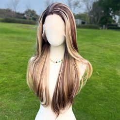 Straight Blonde Gradient Black Lace Front Wig: Heat-Resistant Synthetic Hair