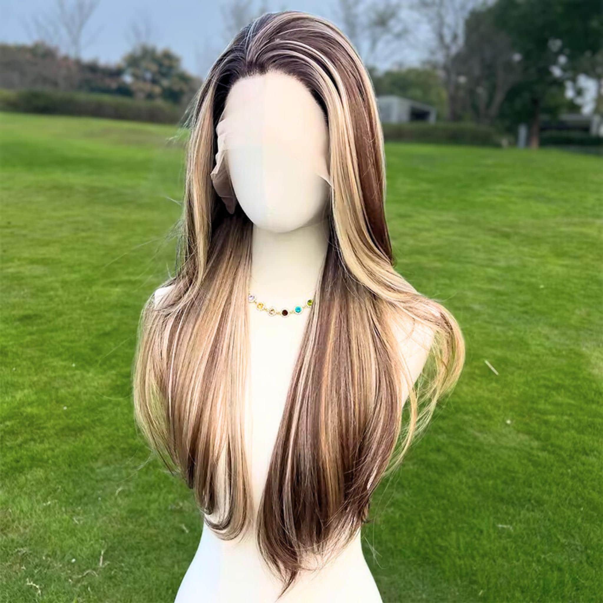 Straight Blonde Gradient Black Lace Front Wig: Heat-Resistant Synthetic Hair