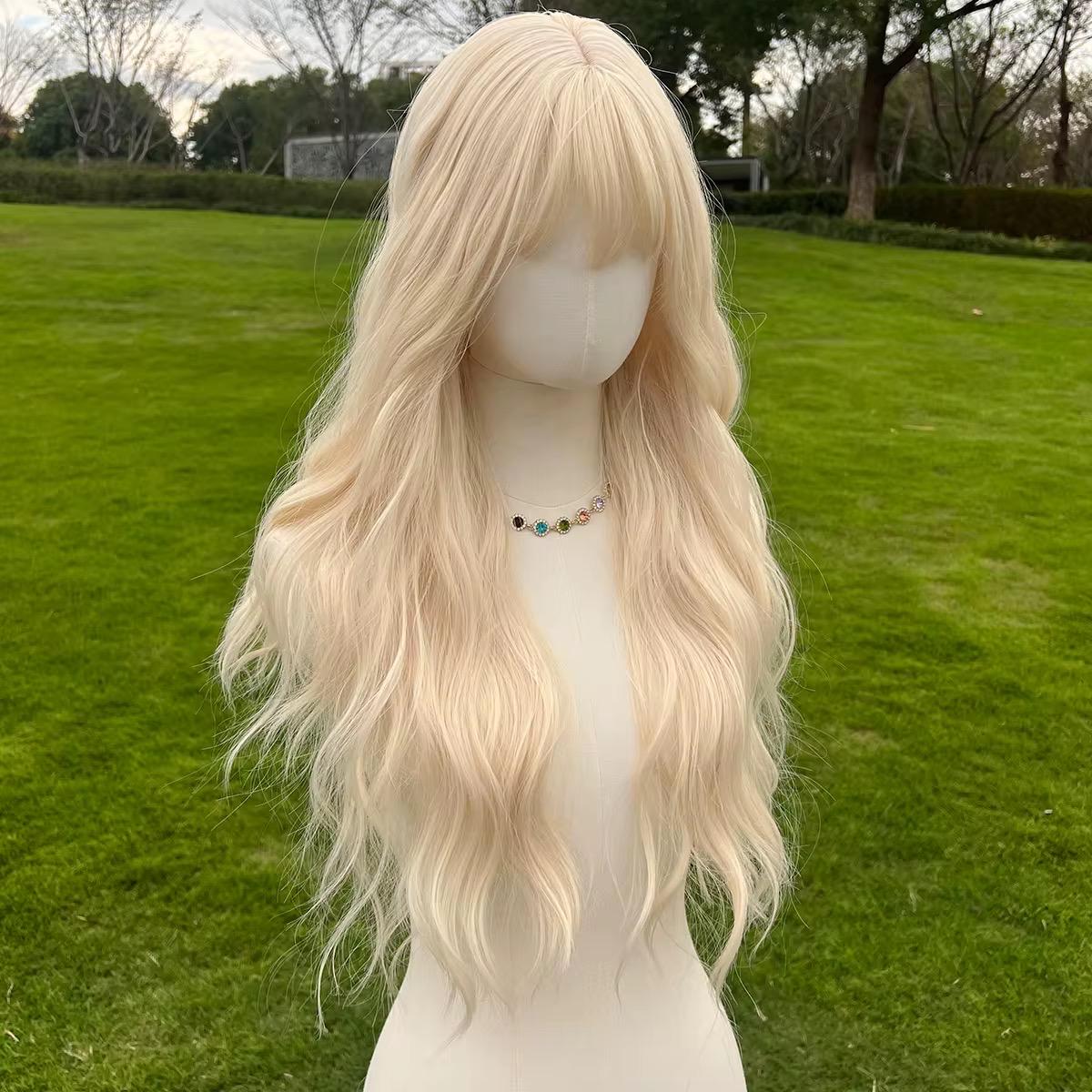 Long Wavy Platinum Blonde Wig with Bangs - Natural-Looking Heat-Resistant Hair for Cosplay/Dolly look