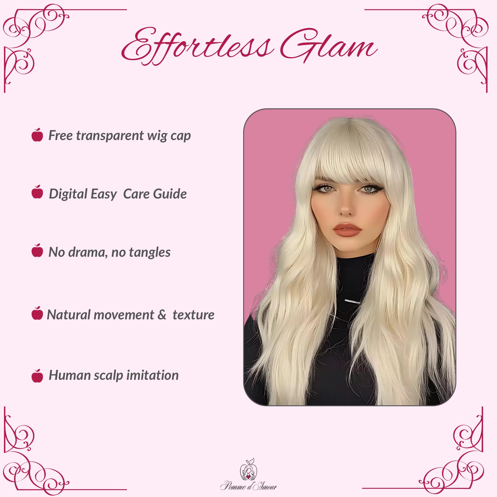 Long Wavy Platinum Blonde Wig with Bangs - Natural-Looking Heat-Resistant Hair for Cosplay/Dolly look - Image 6