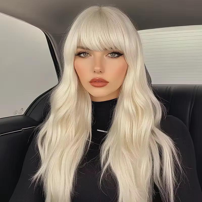 Long Wavy Platinum Blonde Wig with Bangs - Natural-Looking Heat-Resistant Hair for Cosplay/Dolly look - Image 5