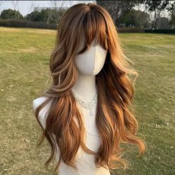 Long Wavy Auburn Wig with Curtain Bangs: Heat Resistant Synthetic Hair