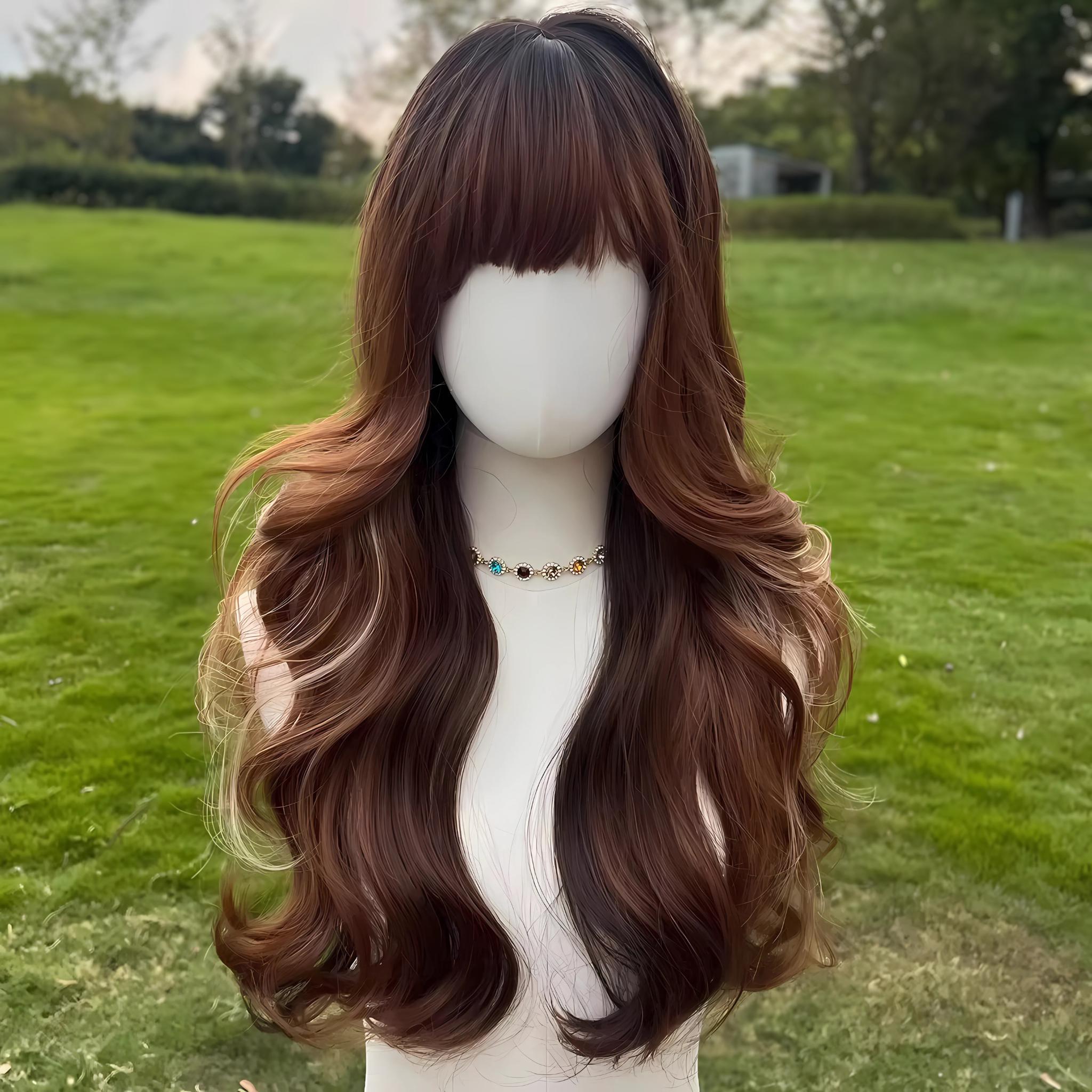 Long Wavy Auburn Wig with Curtain Bangs: Heat Resistant Synthetic Hair - Image 5