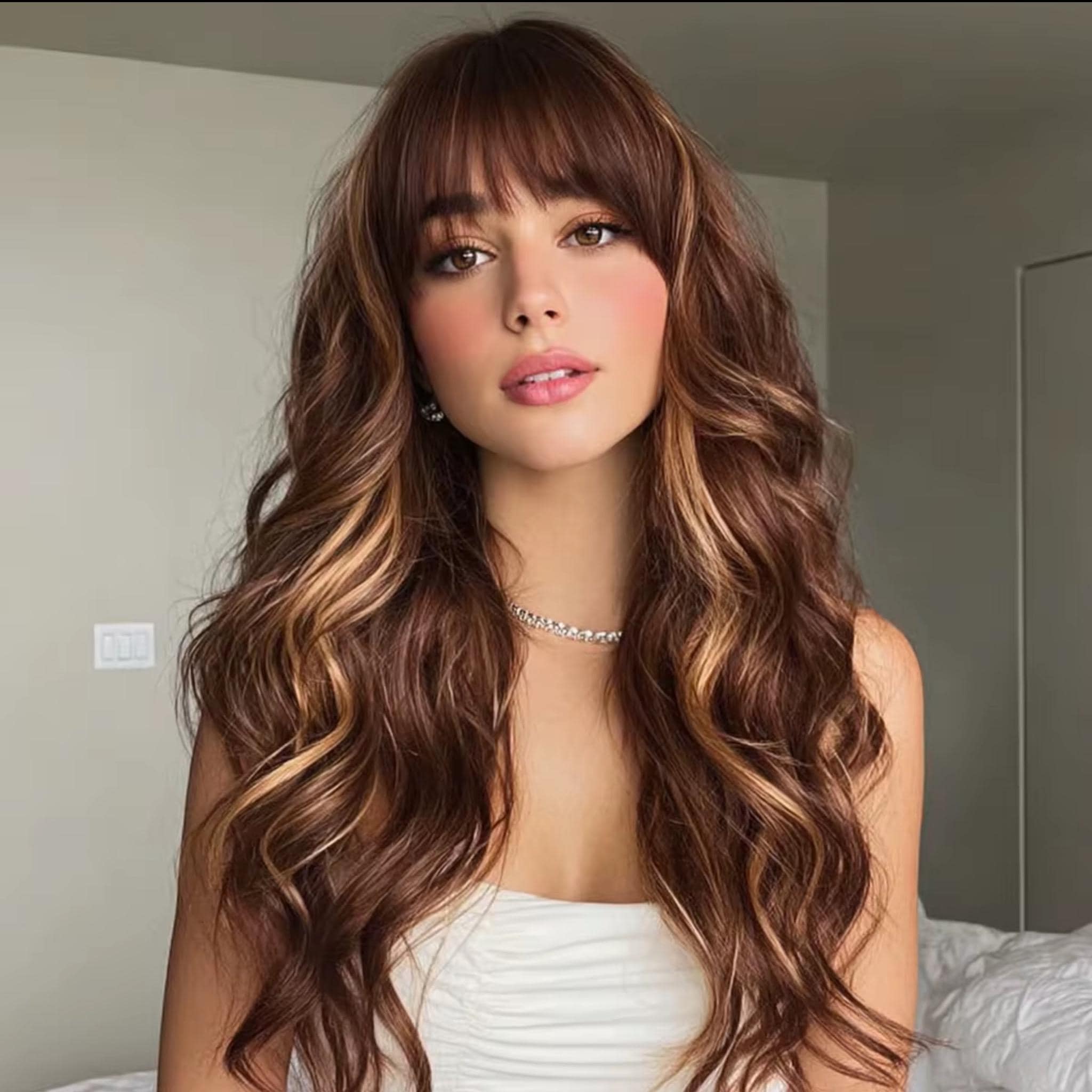 Long Wavy Auburn Wig with Curtain Bangs: Heat Resistant Synthetic Hair - Image 3